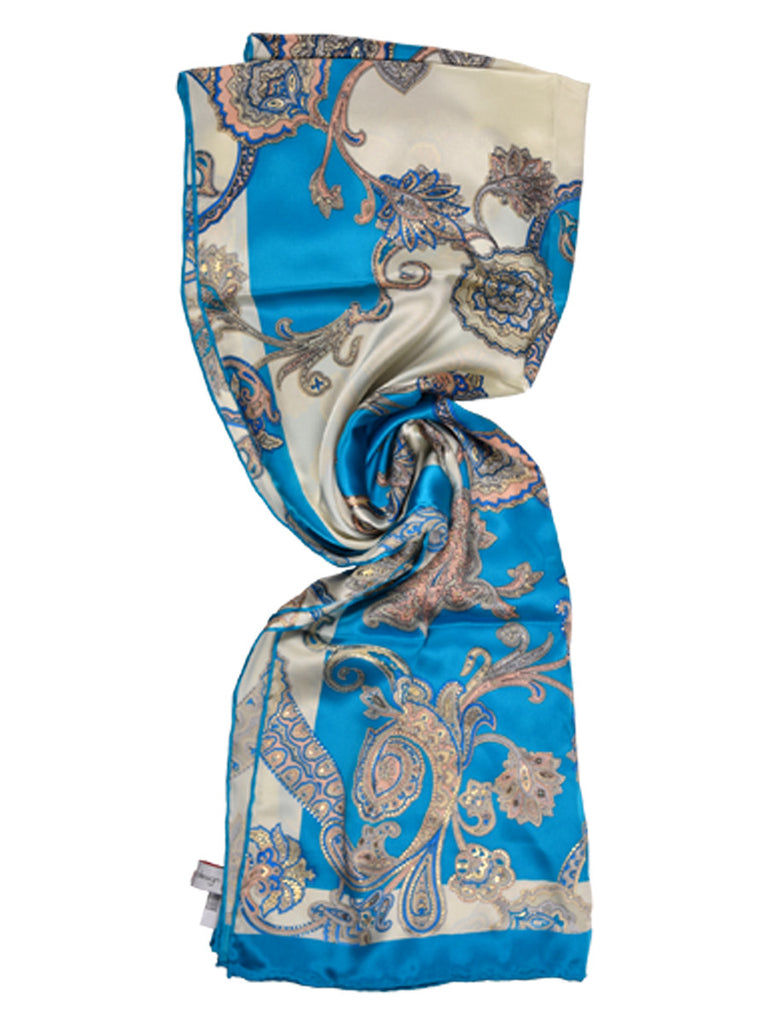 Blue and silver silk scarf with nature inspired floral print