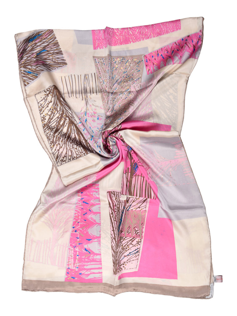 Pink and golden silk scarf with nature inspired print