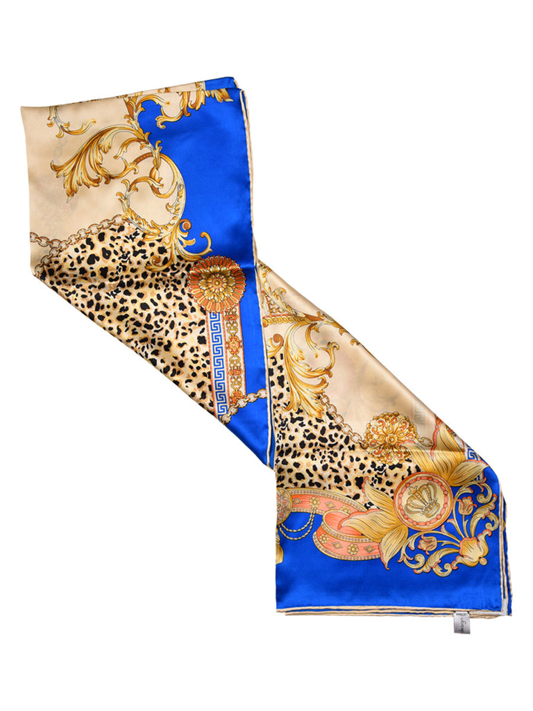 Electric blue & golden silk scarf with animal print