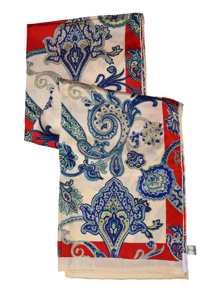 Red, blue & golden silk scarf with nature inspired print