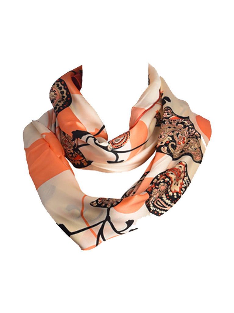 Peach & off-white silk scarf with paisley print