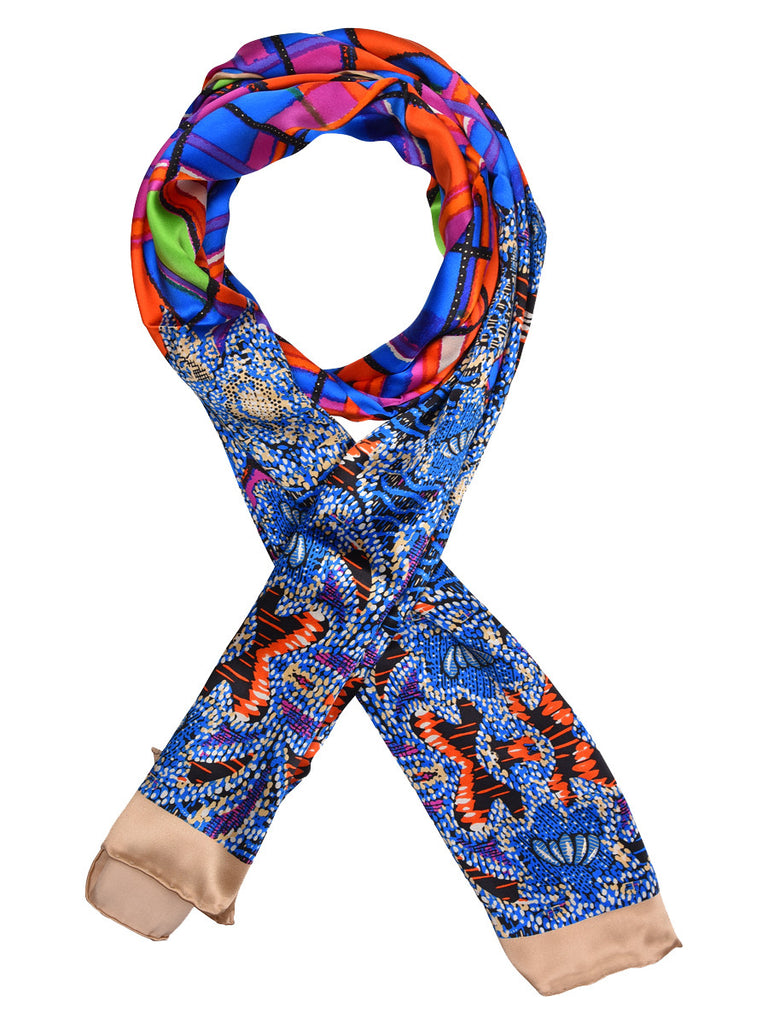Electric blue silk scarf with contemporary print