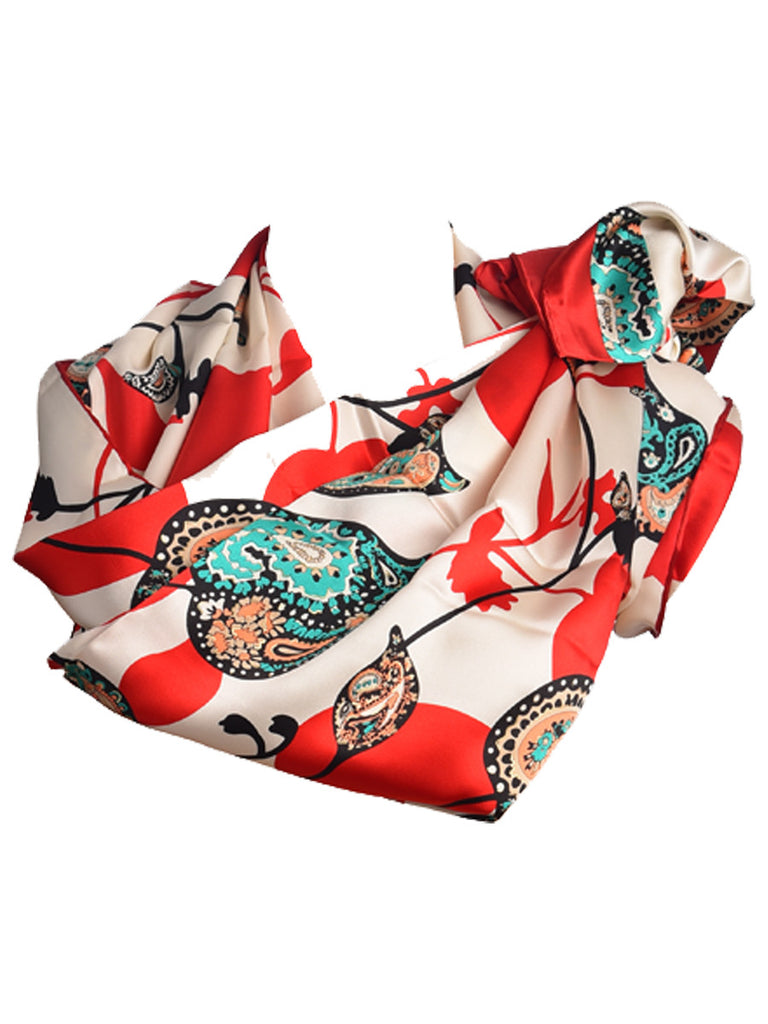 Off-white & red silk scarf with green paisley print
