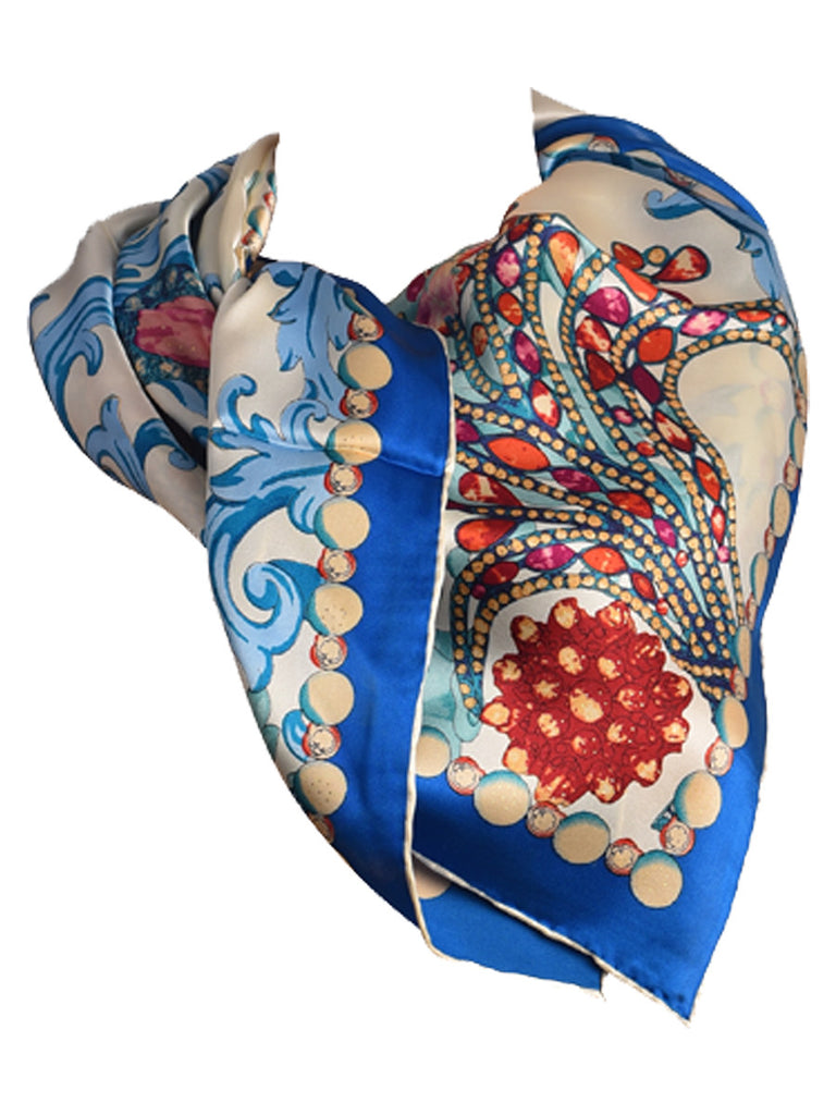 White & blue silk scarf with multicolor floral pattern