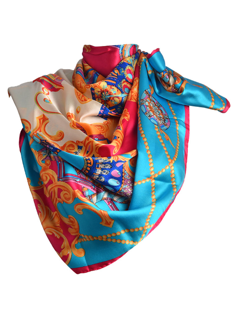 Blue silk scarf with multicolor palace theme