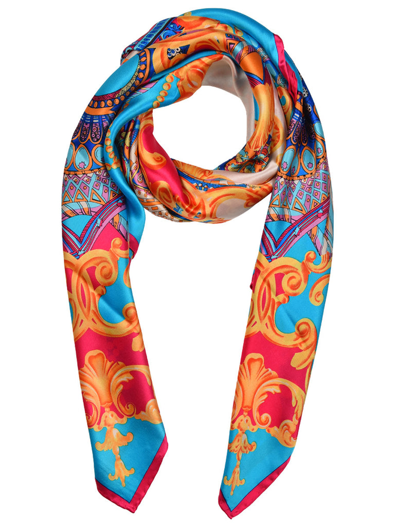 Blue silk scarf with multicolor palace theme