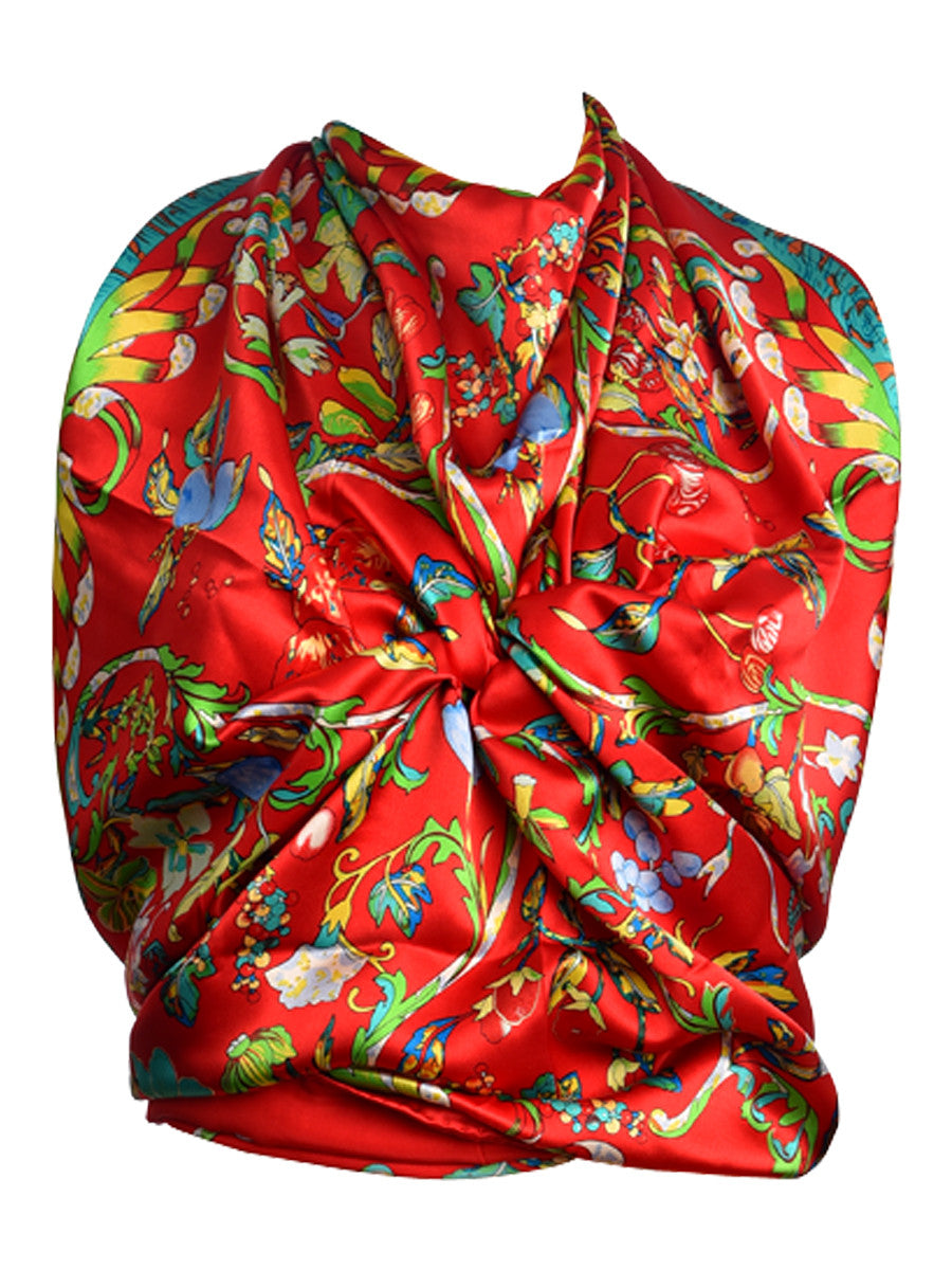 Red silk scarf with multicolor floral design ShoppingChalo