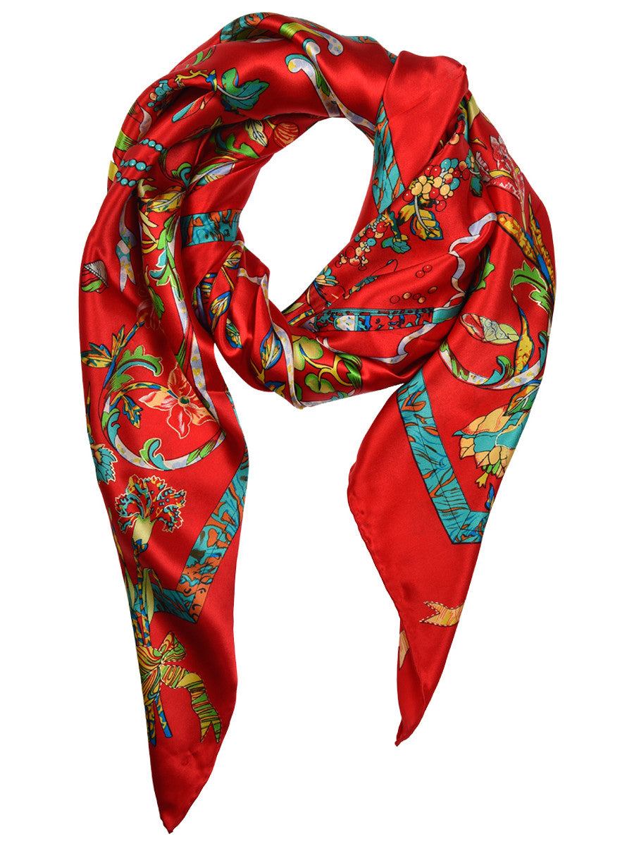 Red silk scarf with multicolor floral design – ShoppingChalo