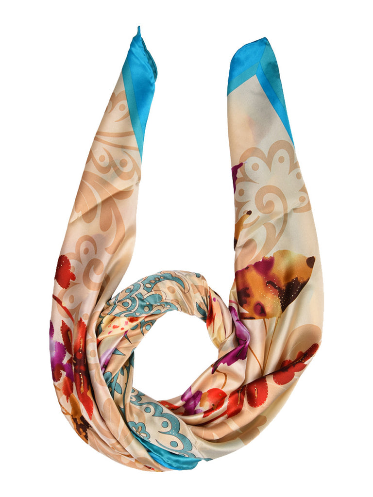 Golden silk scarf with blue border and floral design