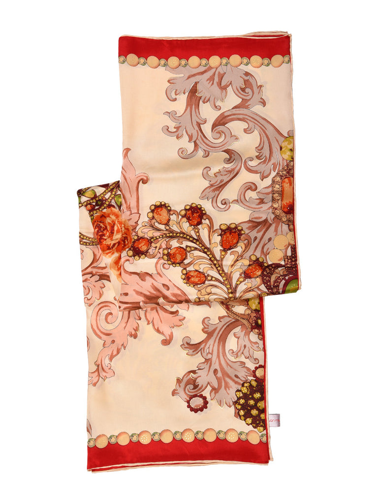 Golden silk scarf with red border and floral design