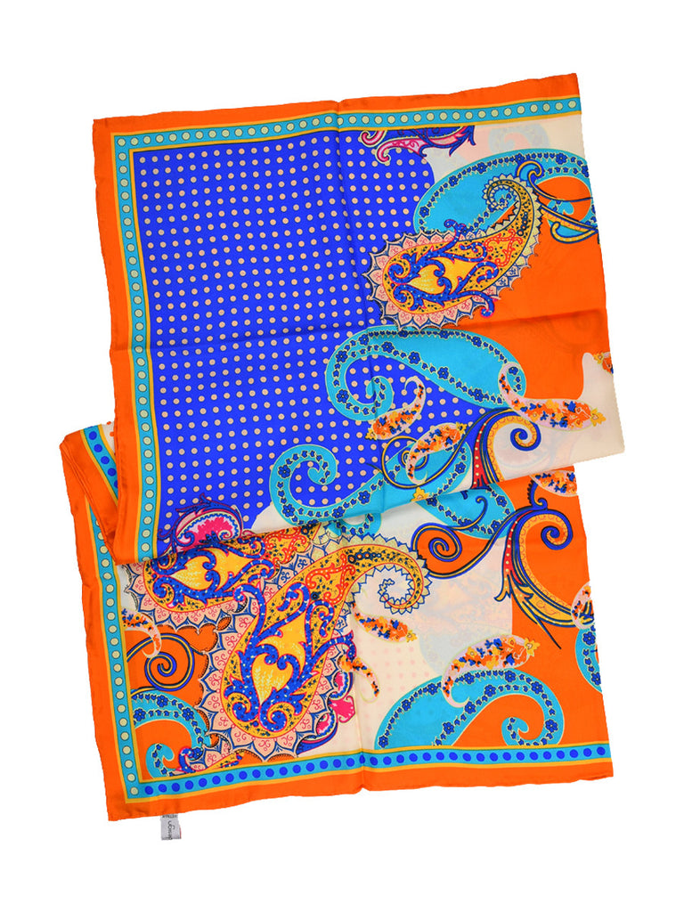 Orange, blue and off-white silk scarf with paisley design