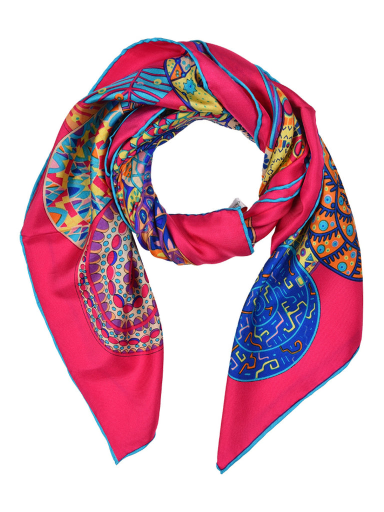 Fuchsia pink silk scarf with circular design