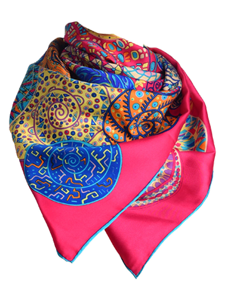Fuchsia pink silk scarf with circular design