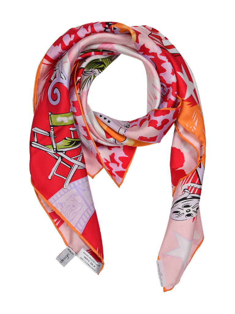 Pink and red silk scarf with modern city based design