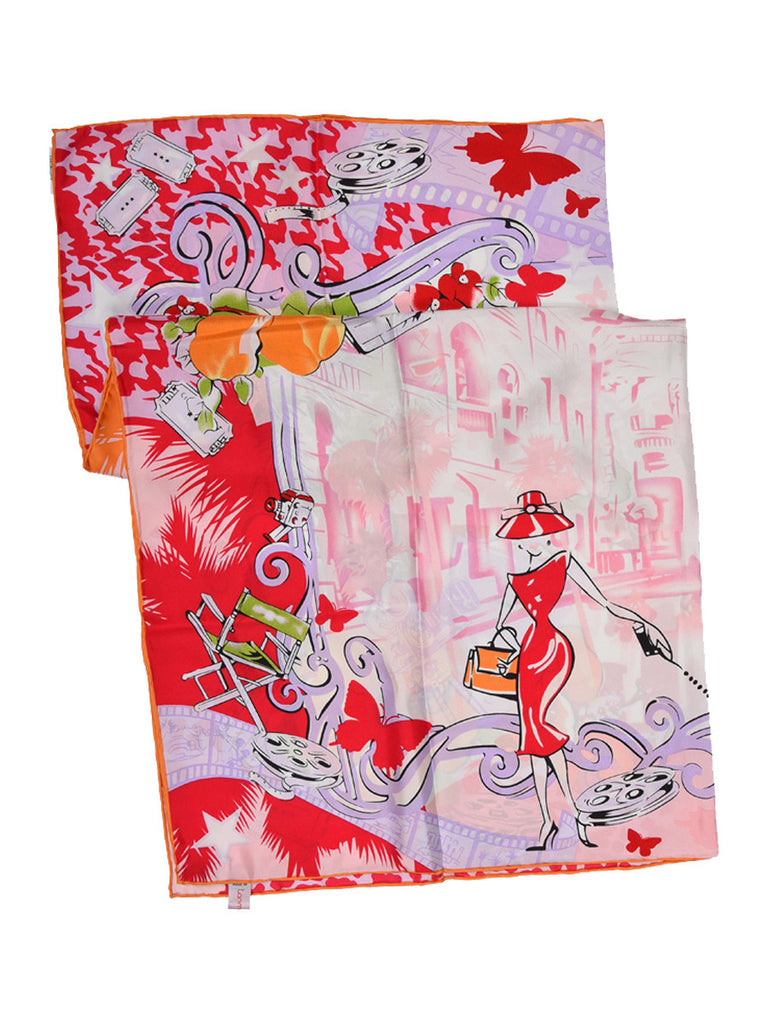 Pink and red silk scarf with modern city based design
