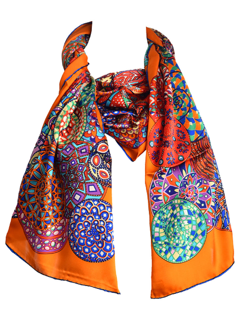 Orange silk scarf with multicolor circles