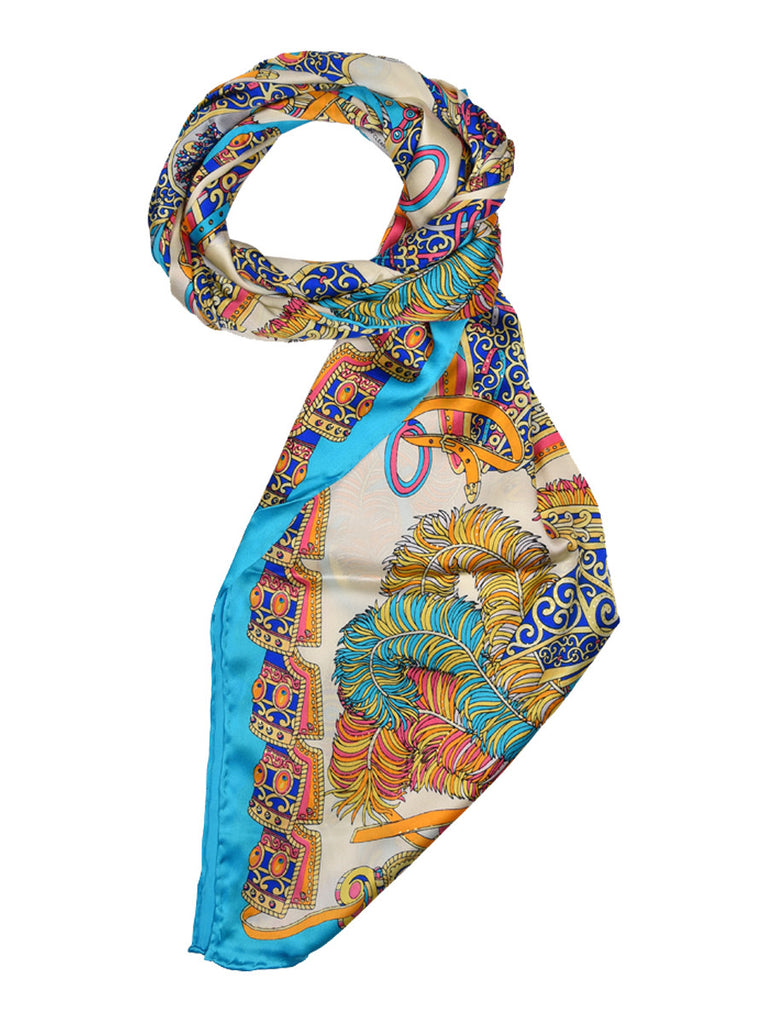 Turquoise blue & white silk scarf with nature inspired design