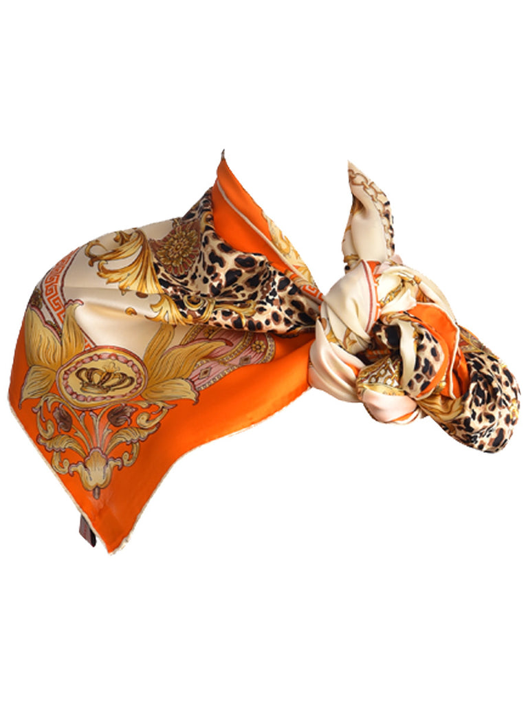 Golden & orange silk scarf with nature inspired floral & leopard design