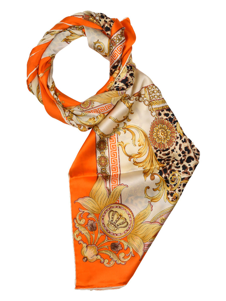 Golden & orange silk scarf with nature inspired floral & leopard design