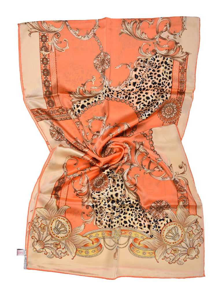 Peach & golden silk scarf with nature inspired floral & leopard design