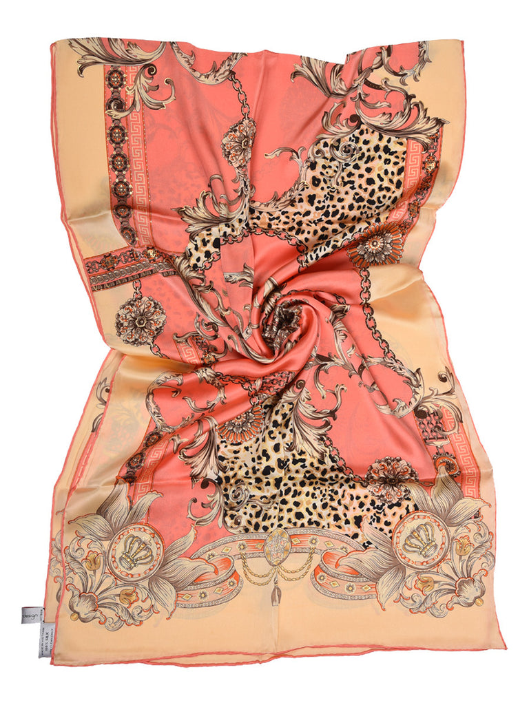 Coral pink & golden silk scarf with nature inspired floral & leopard design
