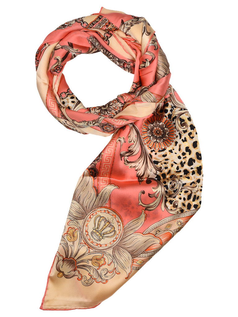 Coral pink & golden silk scarf with nature inspired floral & leopard design