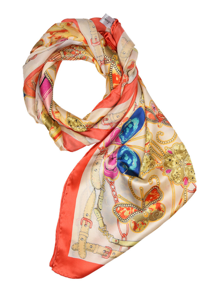 Golden silk scarf with floral & butterfly design