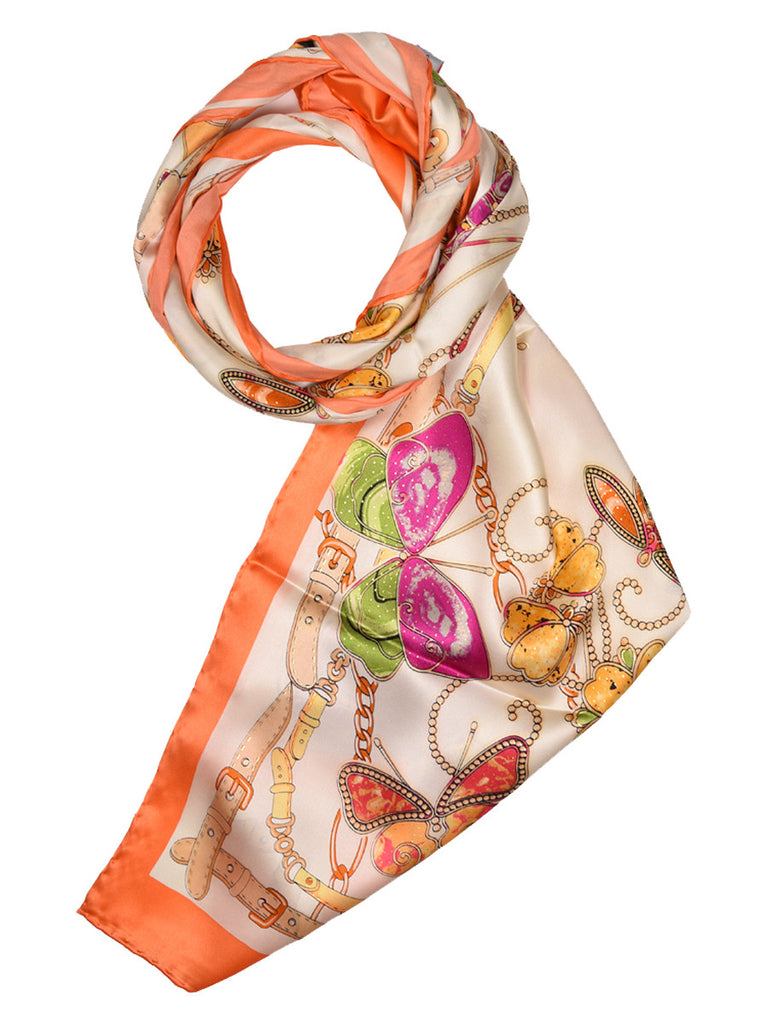 Golden silk scarf with peach border hosting floral & butterfly design