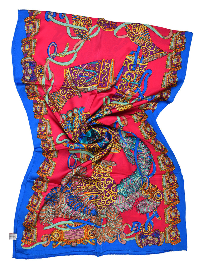 Cerise pink & blue silk scarf with contemporary design