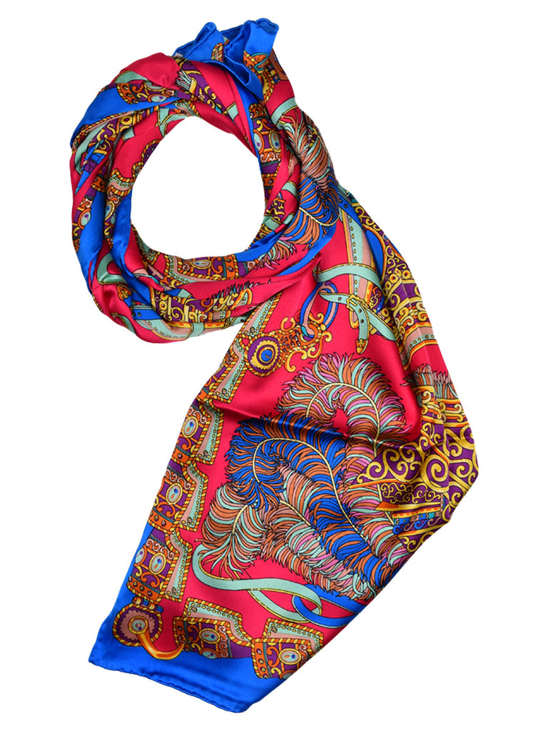 Cerise pink & blue silk scarf with contemporary design