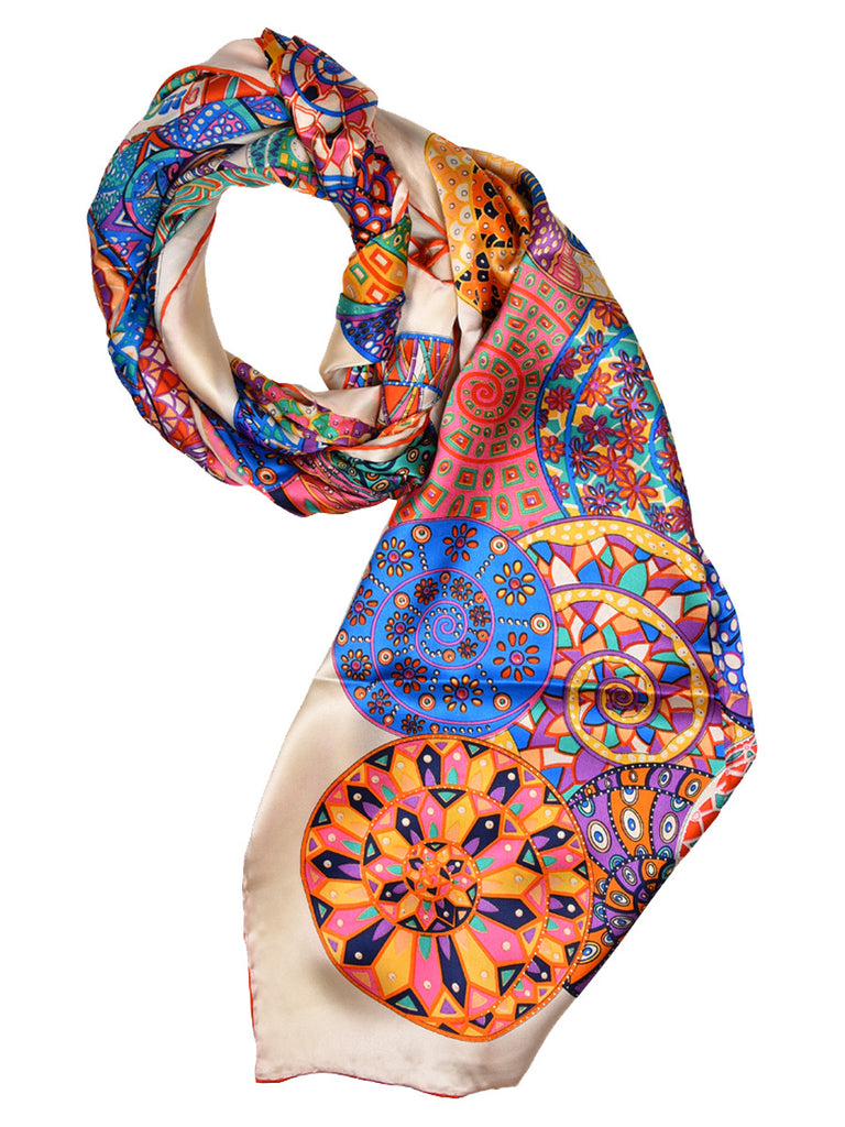 Golden silk scarf with multi color circles design