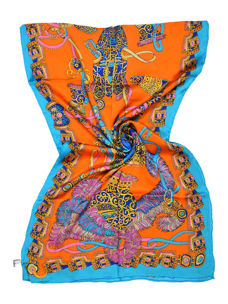 Orange silk scarf with light blue border & contemporary design