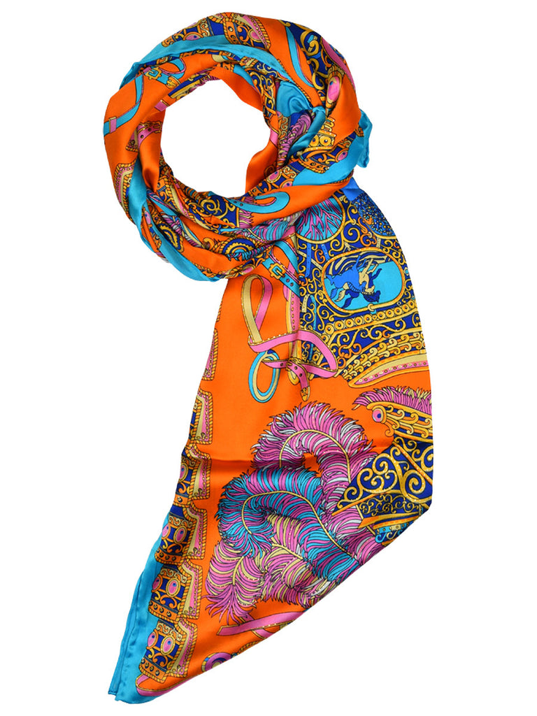 Orange silk scarf with light blue border & contemporary design