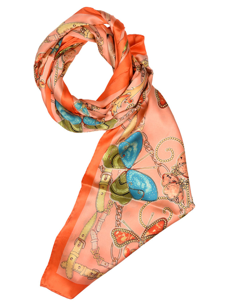 Peach silk scarf with nature inspired floral & butterfly design