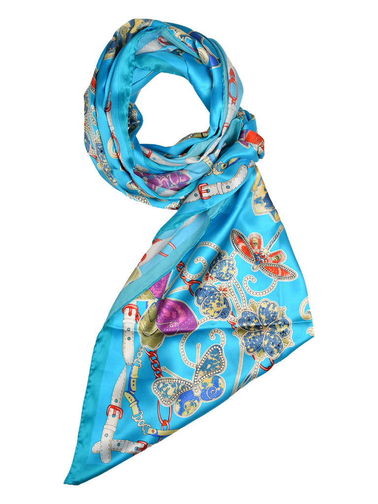 Turquoise blue silk scarf with floral & butterfly design