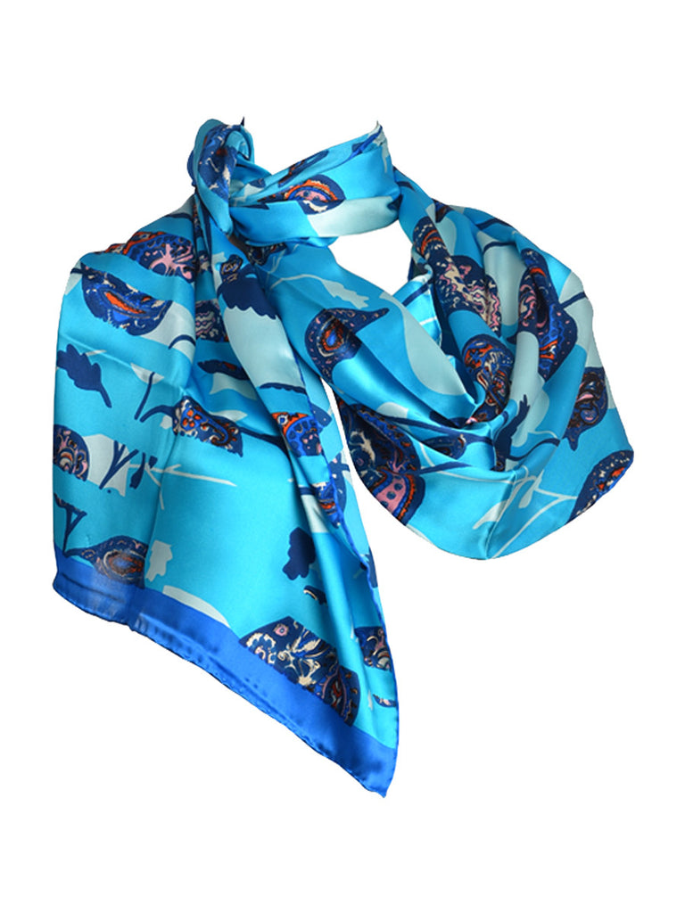 Turquoise blue silk scarf with nature inspired leaves and floral design