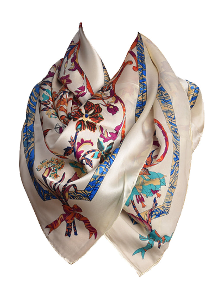 Off-white silk scarf with multi color floral print