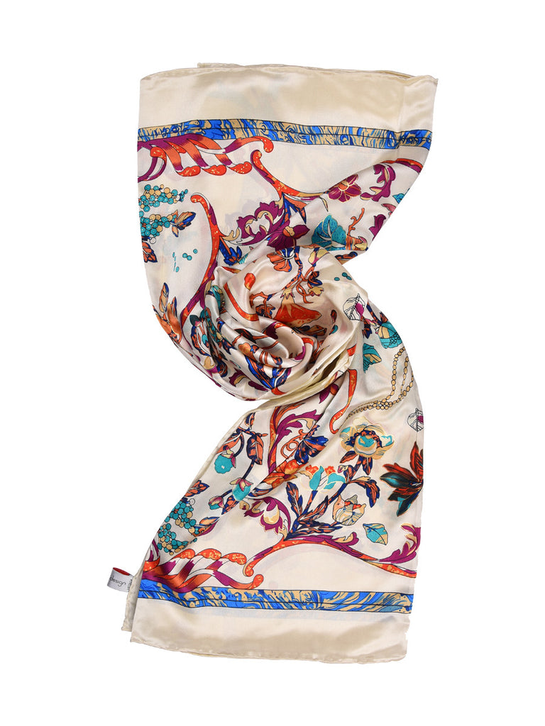 Off-white silk scarf with multi color floral print