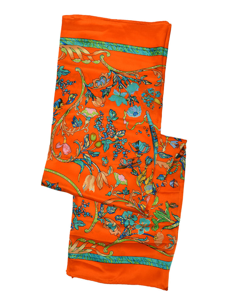 Orange silk scarf with multicolor floral print