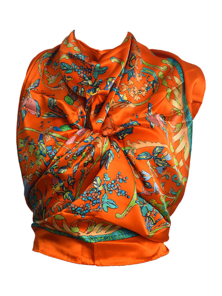 Orange silk scarf with multicolor floral print