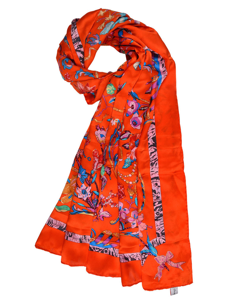Red silk scarf with nature inspired multi color floral print
