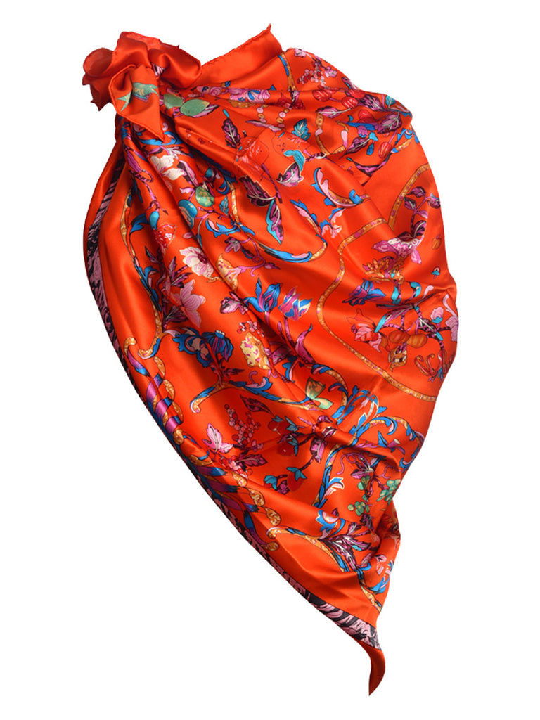 Red silk scarf with nature inspired multi color floral print