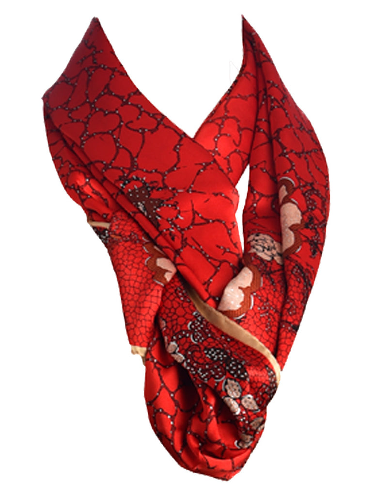Red silk scarf with nature inspired floral design