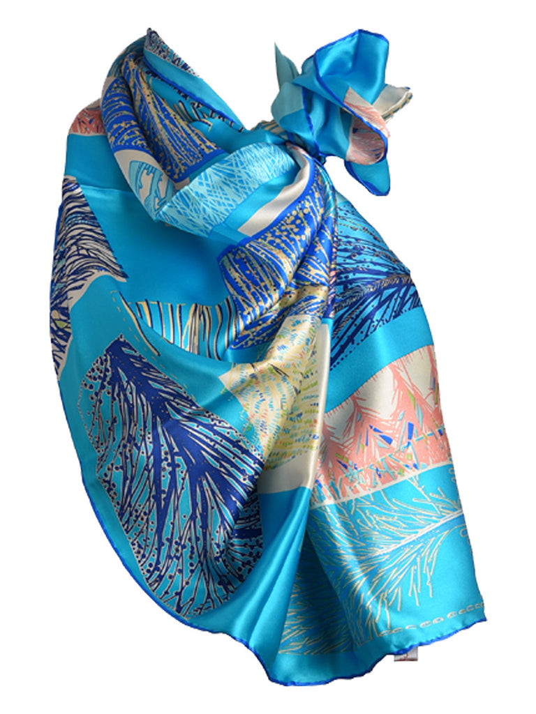 Turquoise blue silk scarf with nature inspired design
