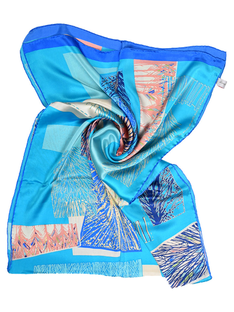 Turquoise blue silk scarf with nature inspired design